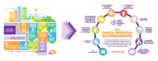 Comparison between the WCRF Cancer Prevention recommendations infographics from 2007 and 2018