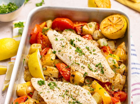 Roasted fish with herby potatoes