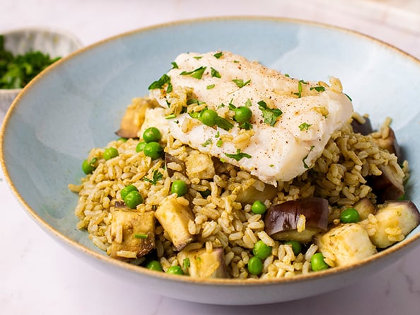 Cod hake haddock and aubergine