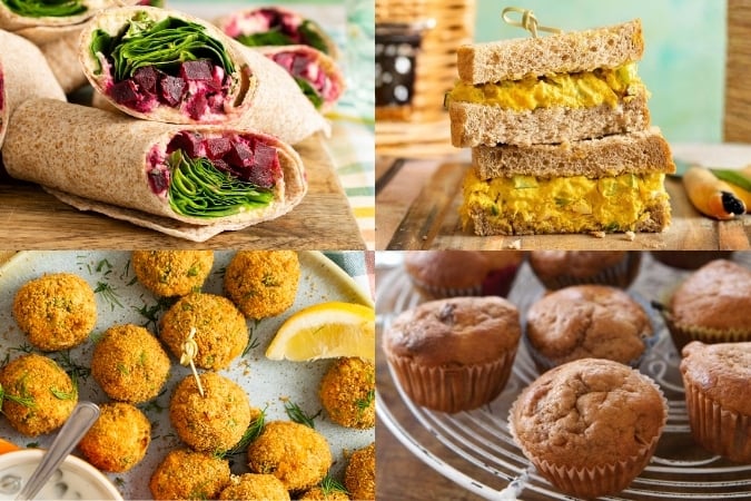Four images showcase healthy picnic ideas: beetroot and spinach wraps, a curried chickpea salad sandwich, golden falafel balls with lemon, and a batch of brown muffins cooling on a rack.