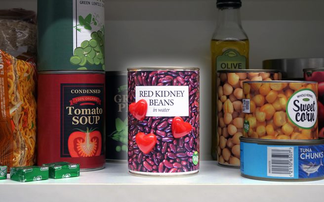 A radiant tin of kidney beans in the fridge
