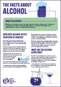 An informative poster titled The Facts About Alcohol explains what alcohol is, its link to cancer risk and bowel cancer causes, plus guidelines. It features images of a beer mug, jug, cocktail glass, and the World Cancer Research Fund logo.