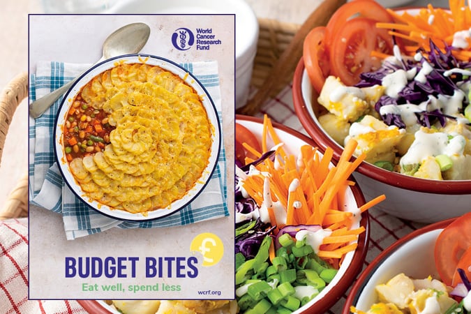 A poster for Budget Bites shows a baked dish topped with sliced potatoes, alongside colourful salad bowls with carrots, cabbage, tomatoes, and dressing. The tagline reads: Eat well, spend less.