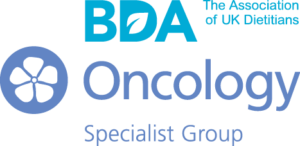 BDA logo with a leaf in the letter D, text reads The Association of UK Dietitians; below, a blue flower icon and the words Oncology Specialist Group.