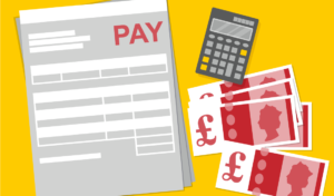 Graphic of a payslip, calculator and some cash