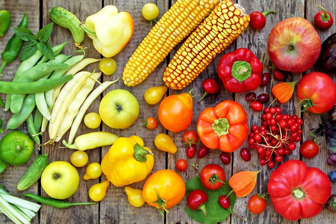 Fruit and veg arranged by colour