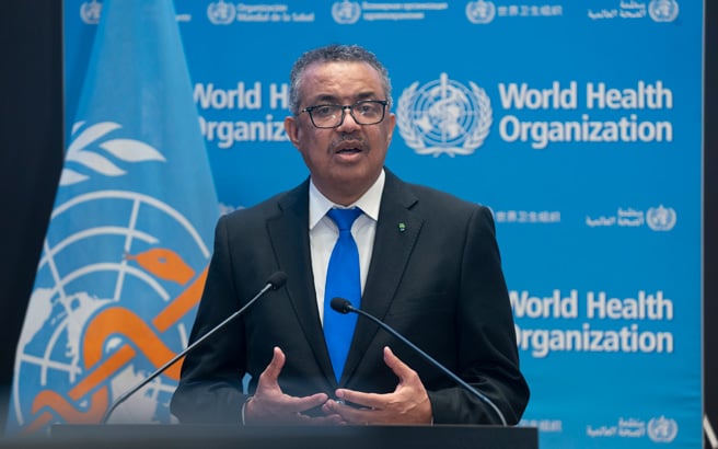 WHO Executive Director Dr Tedros Adhanom Ghebreyesus addresses the assembled delegates at WHO EB150