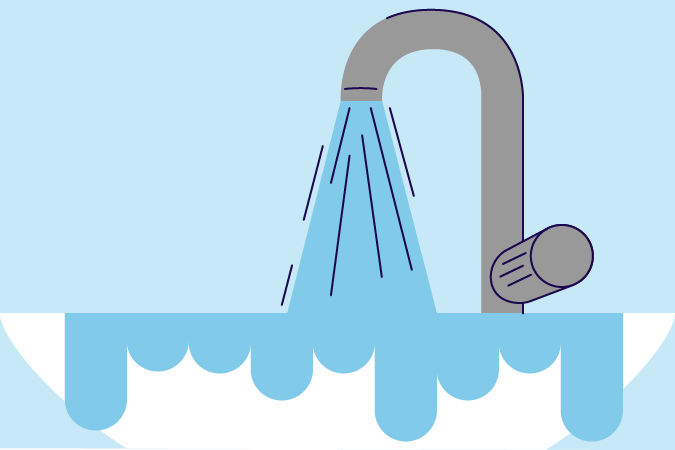 A gushing tap, above an overflowing sink