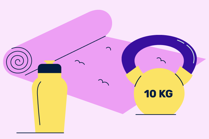 A barbell, and exercise mat and a drinks bottle