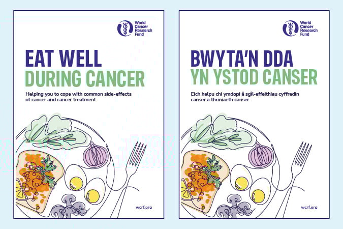 Two illustrated posters feature a plate of healthy food with fish, vegetables, and salad. One poster is in English, reading Eat Well During Cancer; the other is in Welsh, both promoting cancer nutrition guidance.