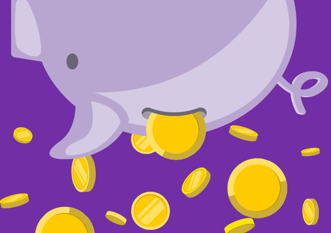 Graphic of a piggy bank, upside down, with coins coming out of it
