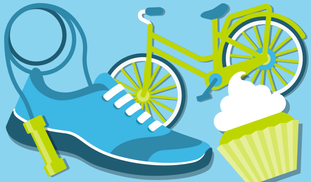 Graphic of a running shoe, a cupcake, a bike and a skipping rope.
