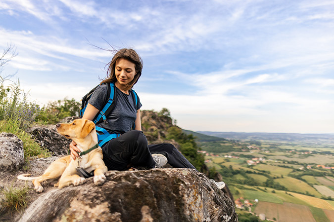 A woman and a dog on a rock in the countryside