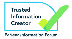 Logo with the words Trusted Information Creator and Patient Information Forum alongside a large green tick inside a blue outlined box with a curved top right corner.