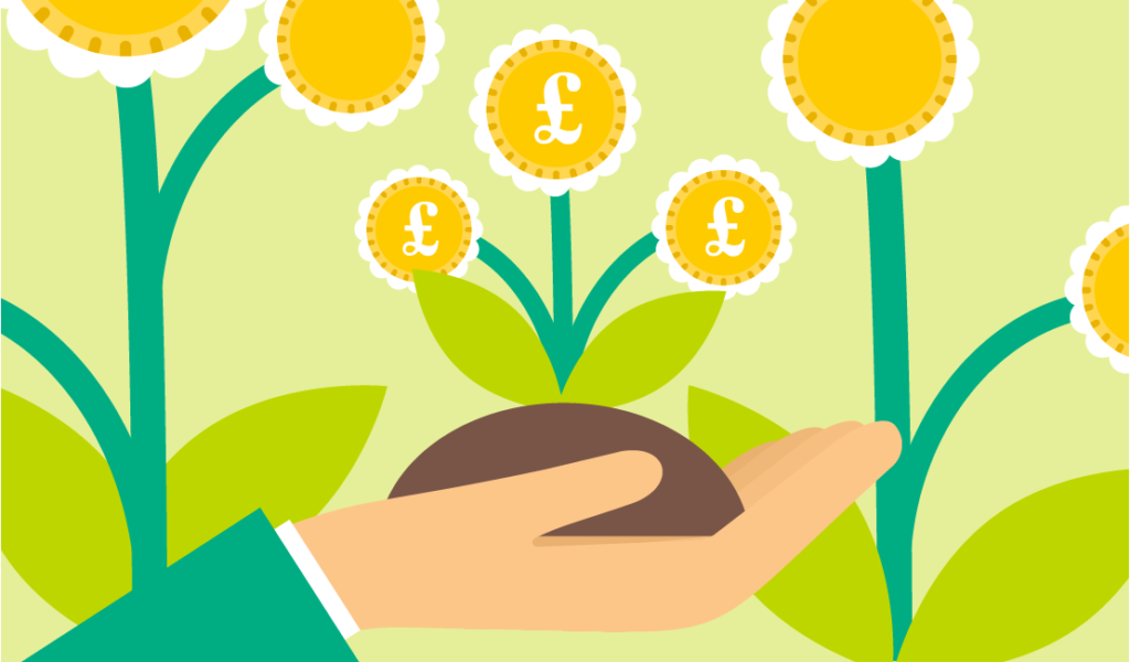 Graphic of a plant with money symbols for flowers in someone's hand