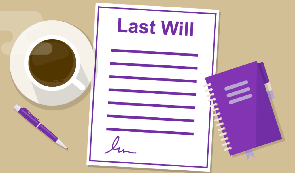 Graphic of a last will on a desk with coffee and stationary