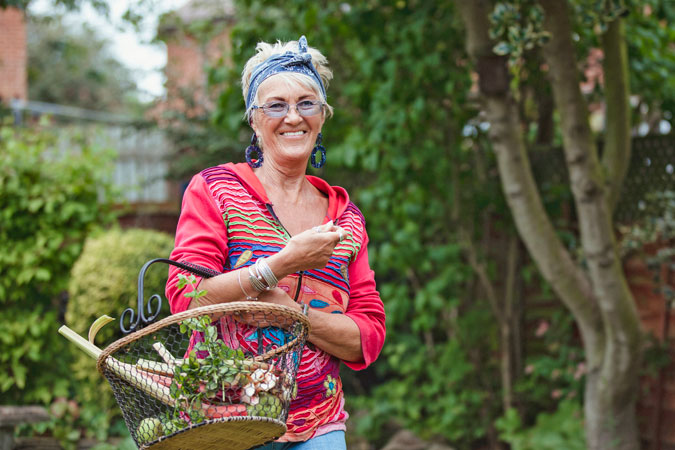 Senior woman gathering Rhubarb from her back garden. She has it in a basket she is carrying.