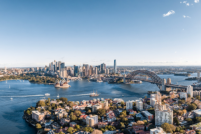 An aerial view of Sydney, including the Sydney Opera House