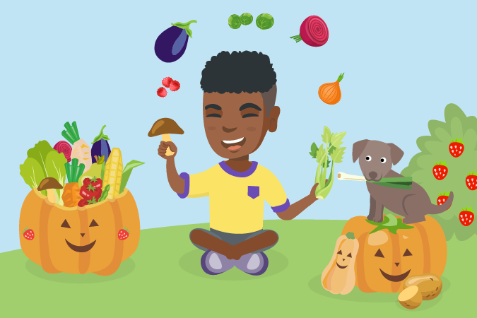 Searcher surrounded by autumn produce