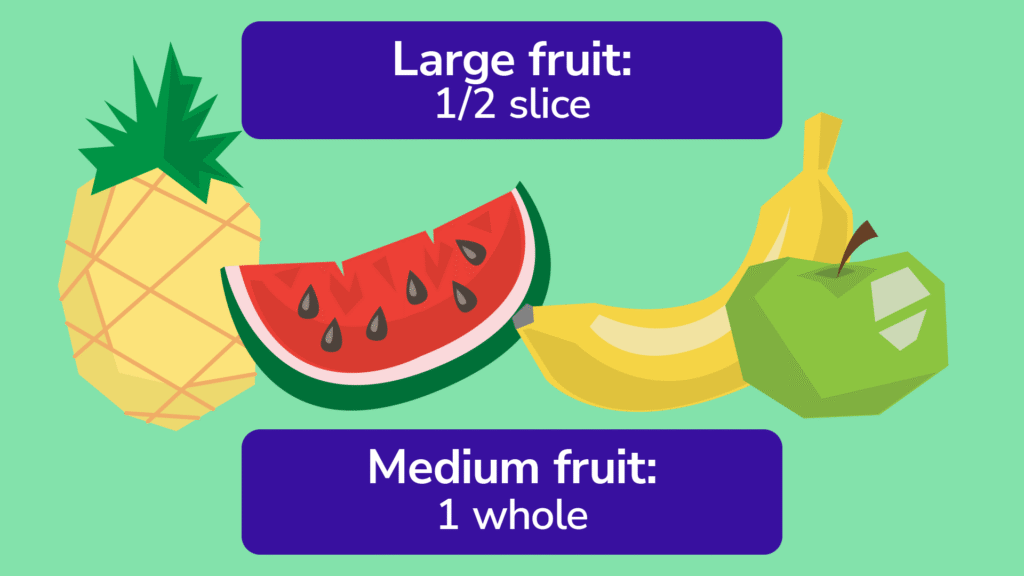 A slide showing a slice of large fruit and a whole medium fruit