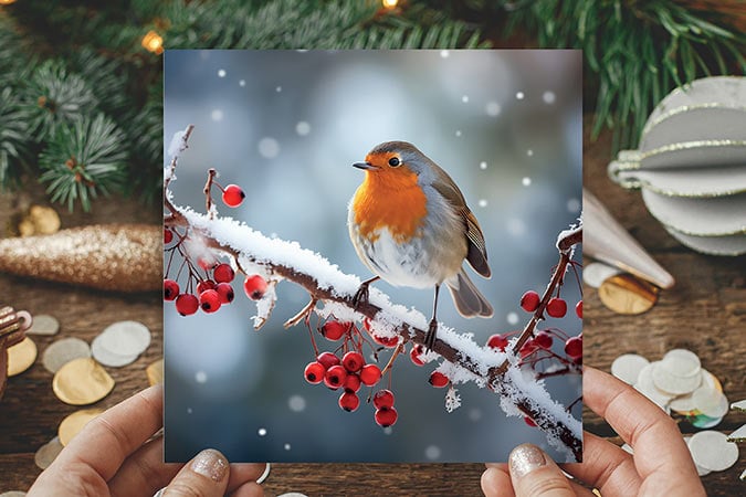 A person holds a festive card featuring a robin perched on a snowy branch with red berries. Holiday decorations and pine branches are visible in the background.