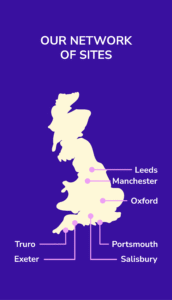 CANDO programme map, showing the sites where the research will be based: in Leeds, Manchester, Oxford, Portsmouth, Salisbury, Exeter, and Truro
