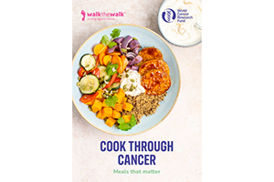 A colourful bowl of healthy food including vegetables, grains, and a sauce, is shown above the text Cook Through Cancer: Meals that matter. Walk the Walk and World Cancer Research Fund logos are at the top.
