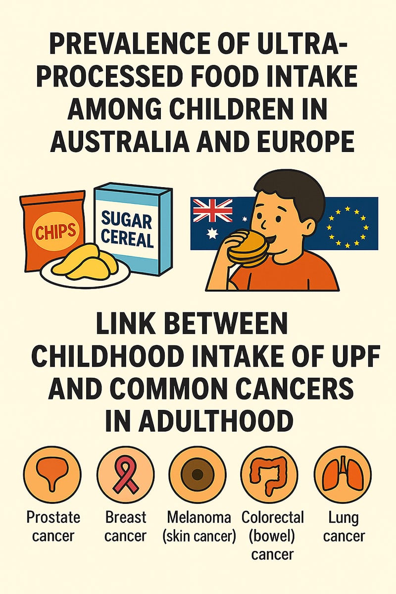 Infographic showing links between ultra-processed food intake in childhood and common cancers in adulthood, with icons for crisps, sugary cereal, an eating child, and symbols for prostate, breast, skin, bowel, and lung cancer.