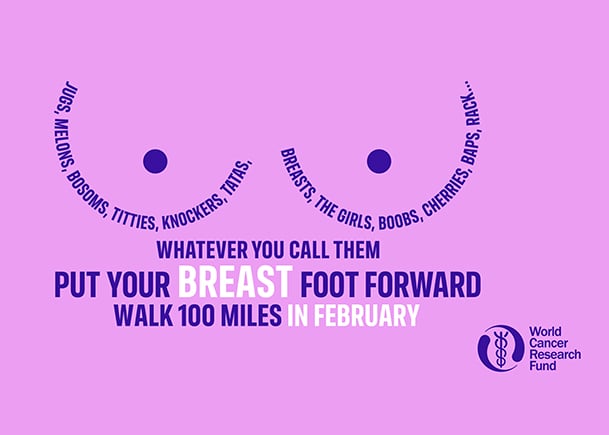 A breast cancer awareness poster features stylised breast outlines, playful nicknames for breasts, and text encouraging people to “Put your breast foot forward—walk 100 miles in February.” World Cancer Research Fund logo included.