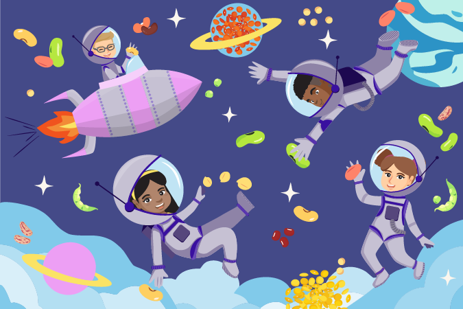 Four children in spacesuits float in space with colourful beans and clouds around them. One child rides a pink rocket. Planets and space objects appear in the background, giving a playful outer space scene.