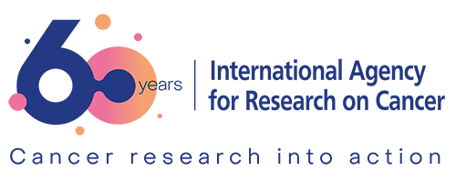Logo with 60 years and text: International Agency for Research on Cancer. Cancer research into action, celebrating 60 years of the organisation's work in cancer research.