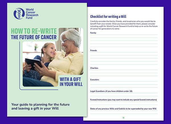 A brochure cover shows an elderly woman and a younger woman smiling together, with text about rewriting the future of cancer by leaving a gift in your will. Next to it is a checklist page for writing a will with blank lines for notes.