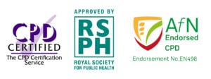 Three certification logos: CPD Certified by The CPD Certification Service, Royal Society for Public Health Approved, and AfN Endorsed CPD with Endorsement No. EN498—each in distinctive colours—highlight our cancer prevention workshops for health professionals.