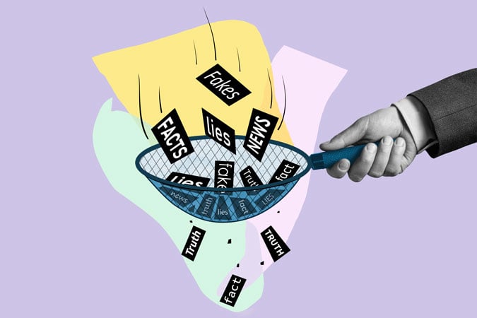 A hand holds a net, catching words like “facts” and “truth” while letting through “fakes”, “news”, and “lies” against a colourful abstract background.