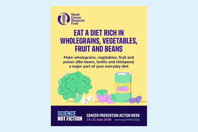 A poster from the World Cancer Research Fund advises eating a diet rich in wholegrains, vegetables, fruit, and pulses, with illustrations of broccoli, strawberries, peas, and a bean tin. Cancer Prevention Action Week is noted.