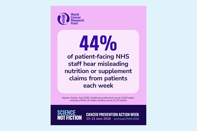A purple poster states: 44% of patient-facing NHS staff hear misleading nutrition or supplement claims from patients each week. It includes logos, details about Cancer Prevention Action Week, and highlights the CPAW 2026 Campaign Toolkit.