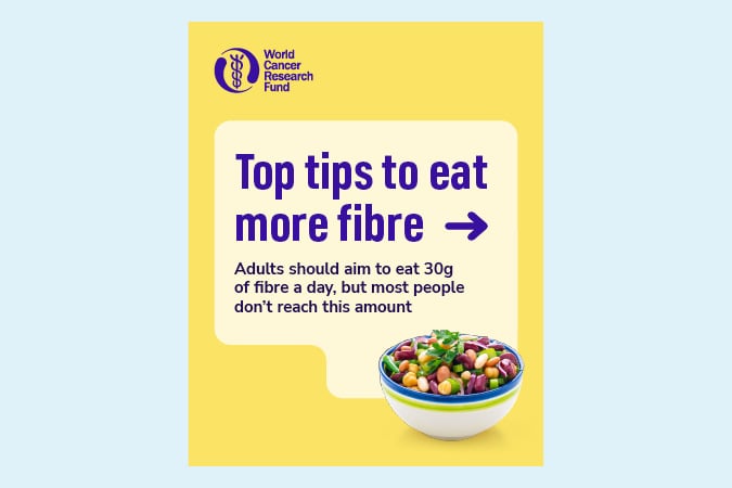 A graphic from the World Cancer Research Fund with the text: Top tips to eat more fibre. Adults should aim to eat 30g of fibre a day, but most people don't reach this amount. A bowl of mixed vegetables is shown at the bottom.