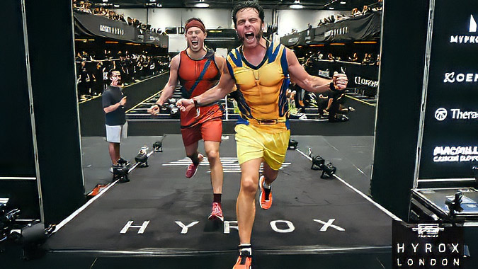 Two athletes in colourful athletic kit celebrate as they cross the finish line at a HYROX event in London, running indoors with cheering spectators in the background.