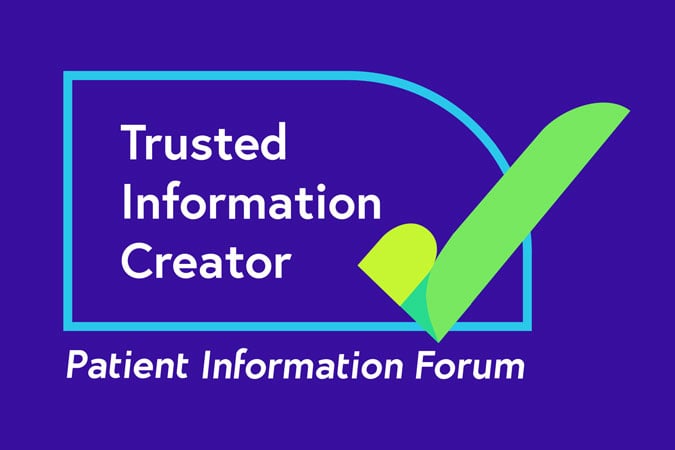 Logo with text Trusted Information Creator and Patient Information Forum on a purple background, featuring a large green tick inside a blue outlined shape.