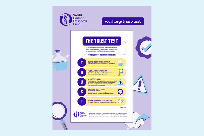 An infographic titled The Trust Test by World Cancer Research Fund lists five tips for assessing health information, using the acronym TRUST. The background has science-themed icons and the website wcrf.org/trust-test is shown.