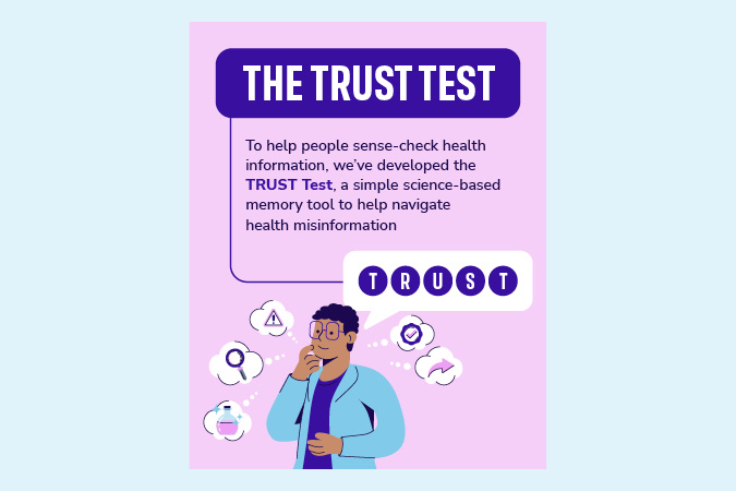 Illustration of a person thinking, surrounded by health and information icons. Text reads: The TRUST TEST. To help people sense-check health information, we’ve developed the TRUST Test, a simple science-based memory tool to help navigate health misinformation.