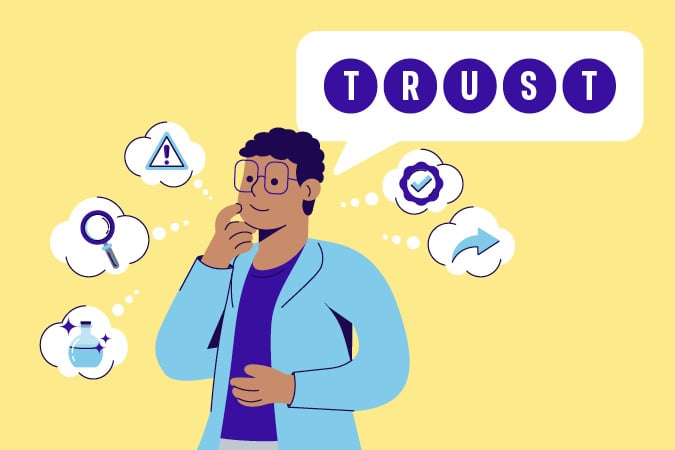 Illustration of a person thinking, with a speech bubble that says TRUST and thought bubbles showing WCRF TRUST Test icons for caution, verification, direction, cleanliness, and searching.