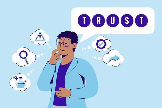 An illustrated person in glasses thinks with a WCRF TRUST Test speech bubble overhead, surrounded by thought bubbles featuring icons for caution, checklist, search, direction, and approval.