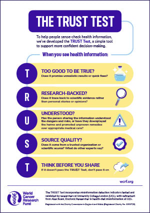 An infographic titled The Trust Test, based on the WCRF TRUST Test, lists five steps (Too good to be true, Research-backed, Understood, Source quality, Think before you share) to help evaluate health information reliability, with icons and brief explanations.
