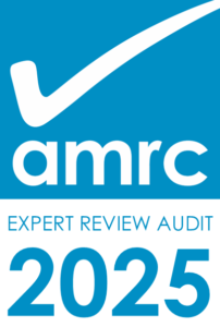 Blue and white logo with a tick above the letters AMRC, the words Expert Review Audit, and the year 2025 in large numbers—highlighting excellence in cancer research grant programmes.