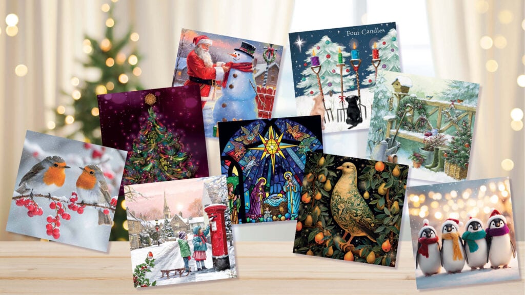 Nine colourful charity Christmas cards featuring festive illustrations, including robins, penguins, a nativity scene, Father Christmas with a snowman, Christmas trees, snowy landscapes, and decorative candles, displayed on a wooden table with a blurred tree background.