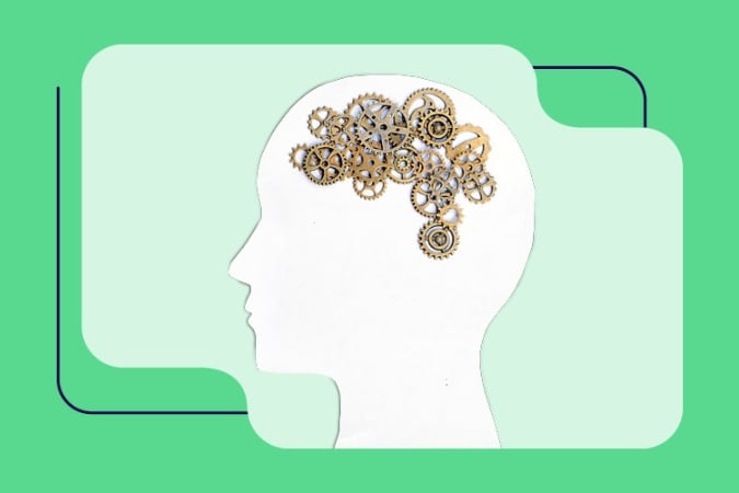 A silhouette of a human head filled with gold gears, symbolising thinking or the mind, on a green background with abstract shapes—perfect for promoting live and on-demand webinars for health professionals.