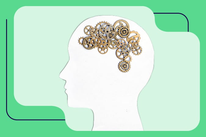 Silhouette of a human head with brass-coloured gears inside, symbolising thinking or brain activity—perfect for illustrating topics like the Supplements versus Food Webinar—on a light green background with bold shapes.