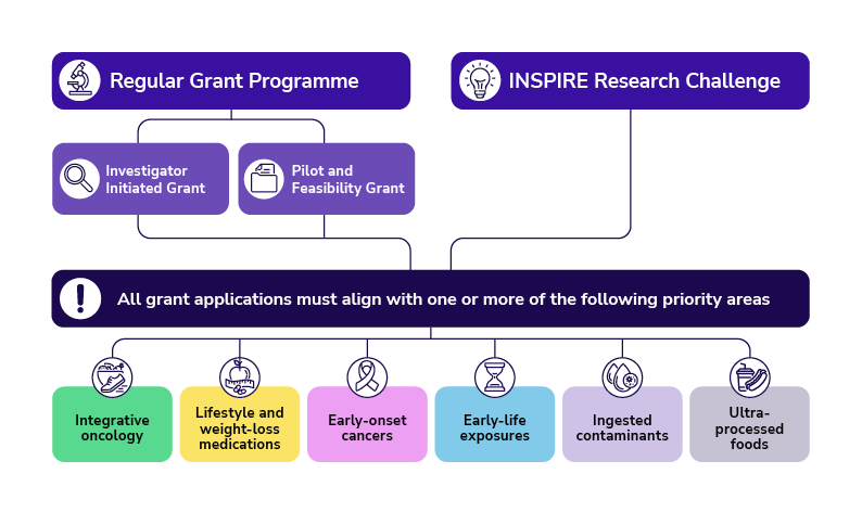 Flowchart of a grant programme, showing two streams: Regular Grant Programme and INSPIRE Research Challenge, both requiring applications in priority areas such as oncology, weight-loss medicines, early cancers, exposures, contaminants, and foods.