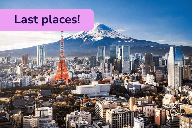 Tokyo cityscape with Tokyo Tower in the foreground, modern skyscrapers, and Mount Fuji in the background. A pink banner at the top left reads Last places!.